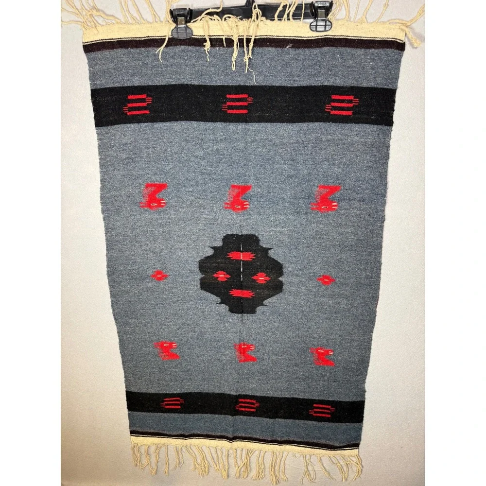 Southwestern Chimayo Handwoven Wool Rug Grey Red Geometric Tribal Wall Hanging